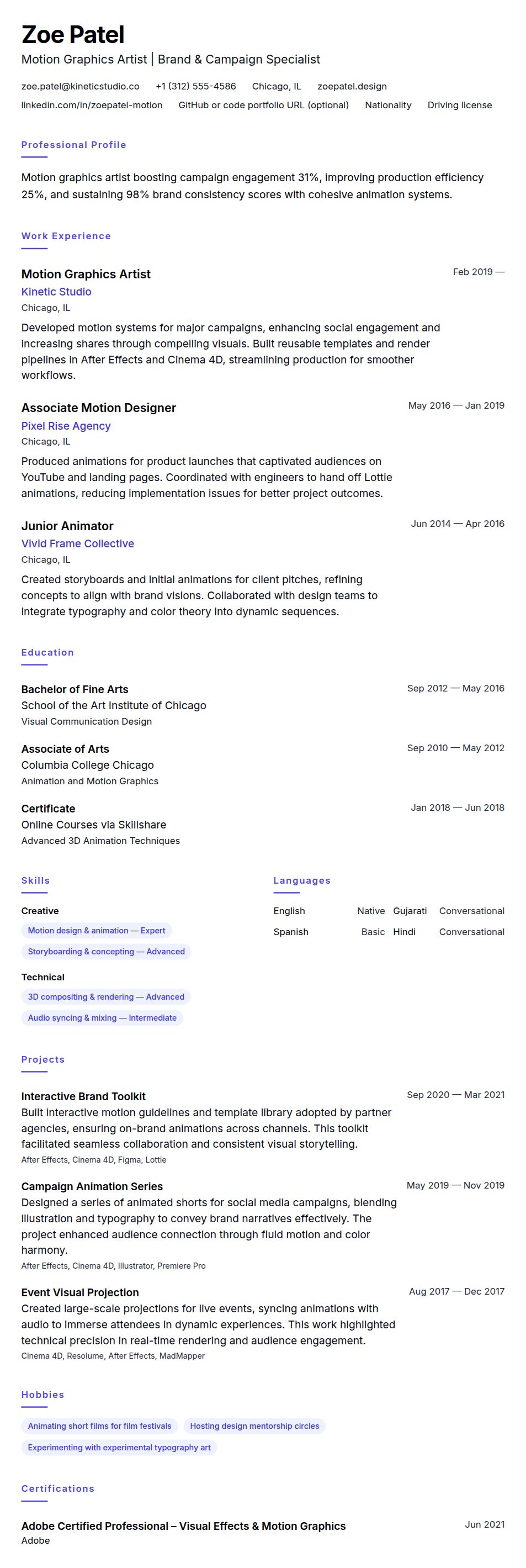 Resume preview for Motion Graphics Artist Resume Example