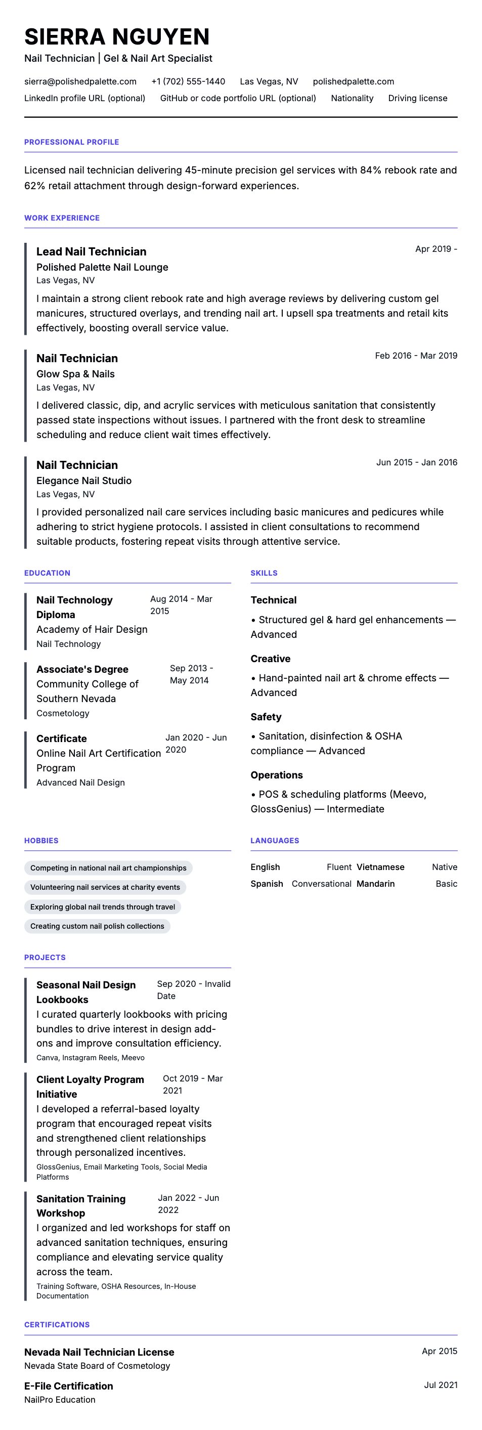 Resume preview for Nail Technician Resume Example