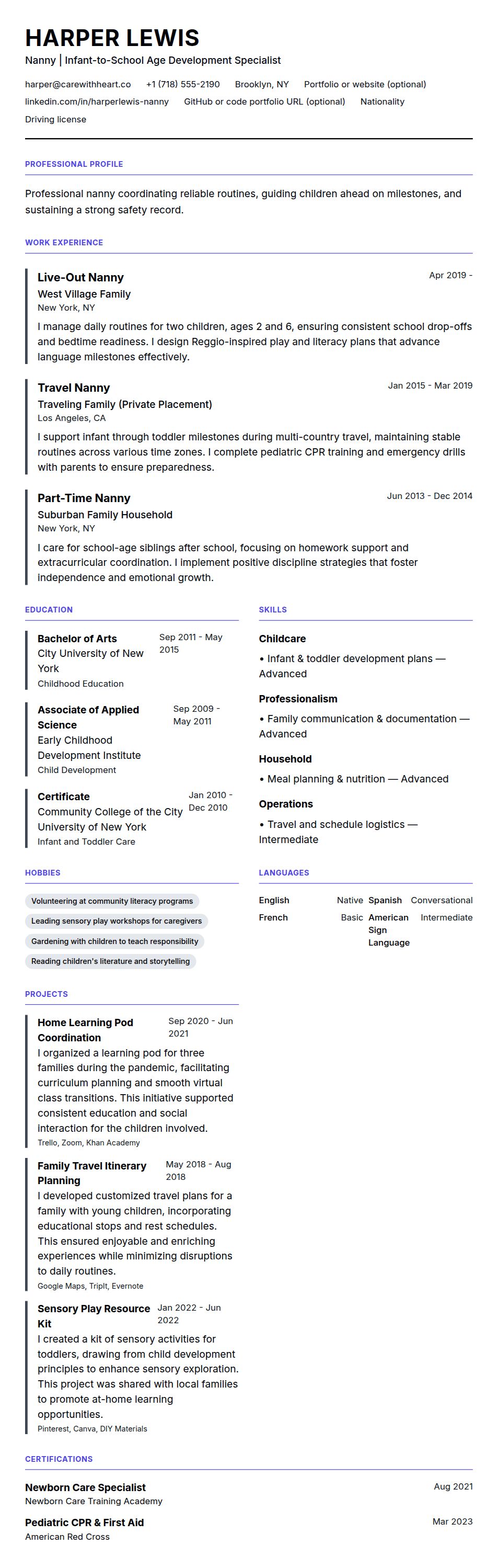 Resume preview for Nanny Resume Example