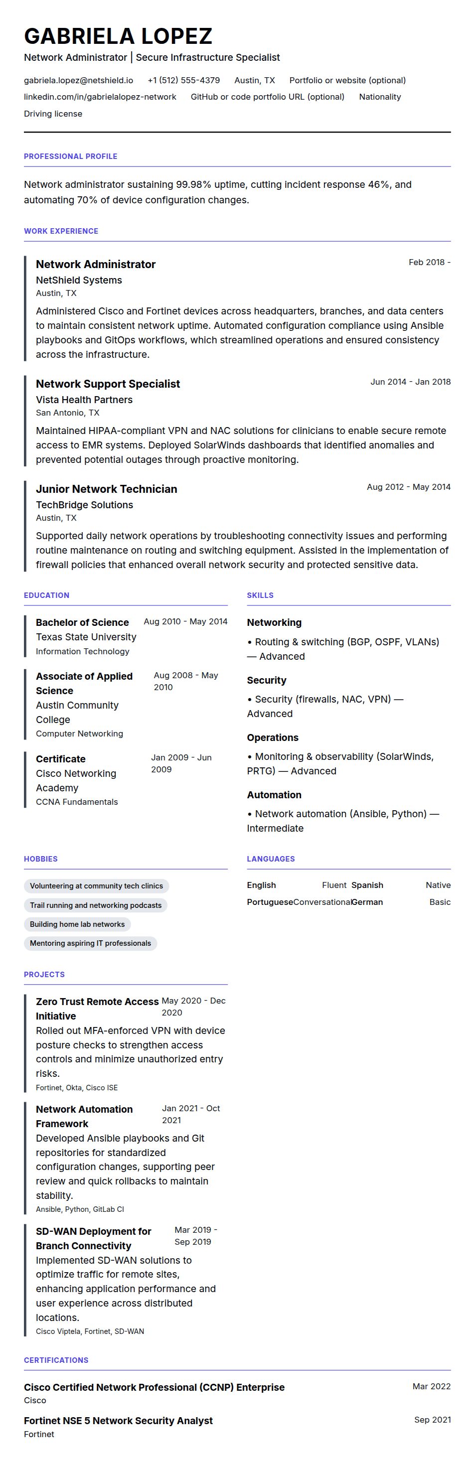 Resume preview for Network Administrator Resume Example