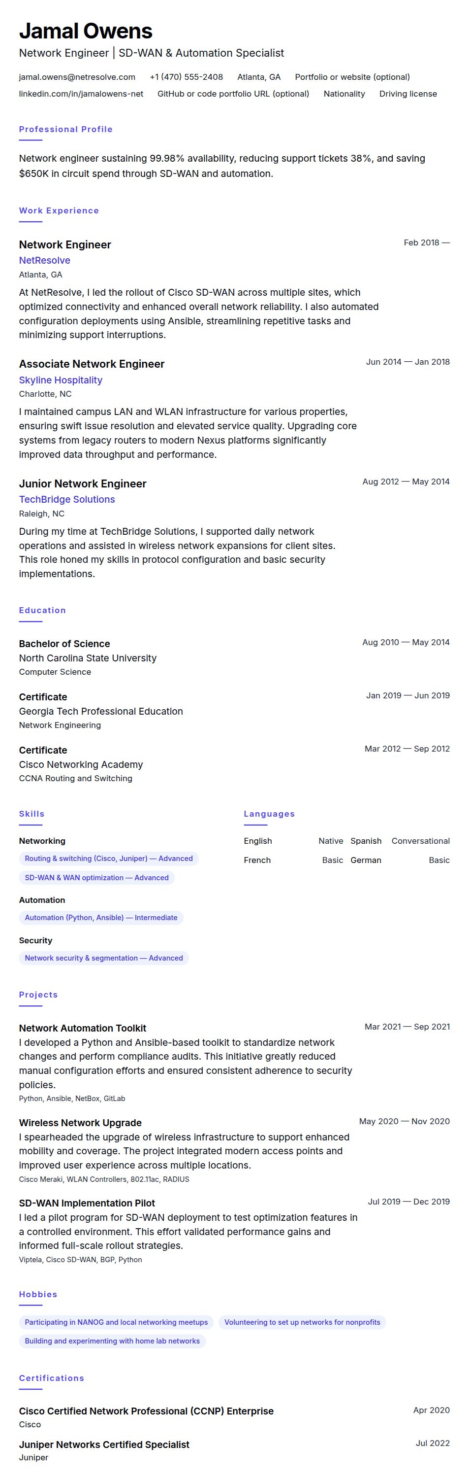 Resume preview for Network Engineer Resume Example
