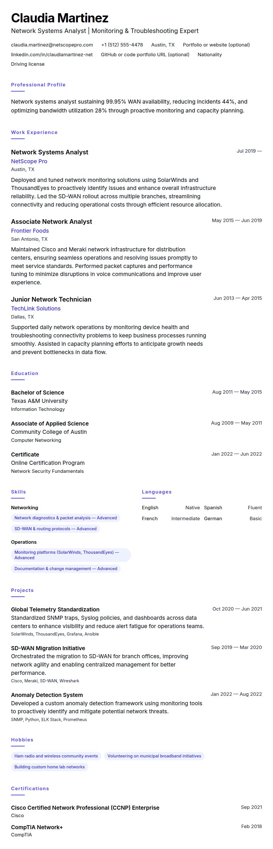 Resume preview for Network Systems Analyst Resume Example