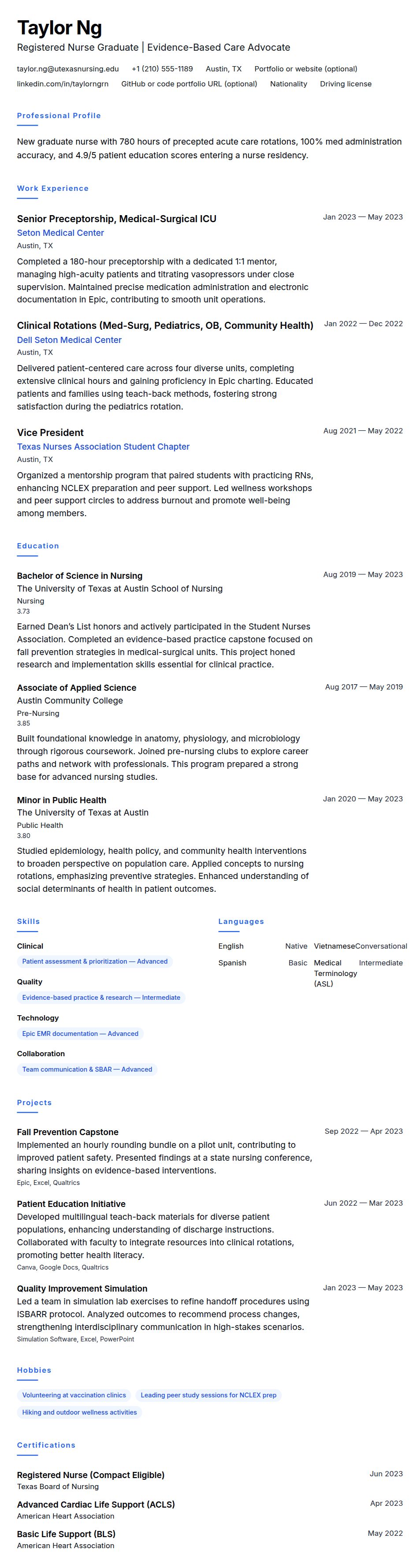 Resume preview for New Graduate Nurse Resume Example
