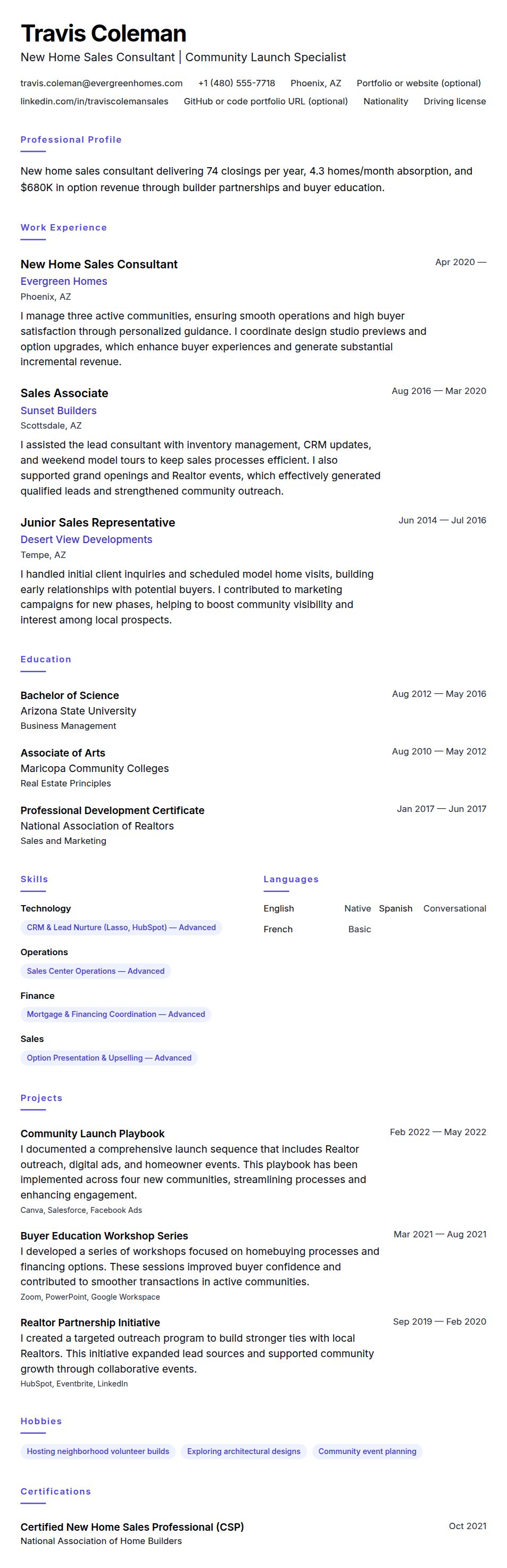 Resume preview for New Home Sales Consultant Resume Example