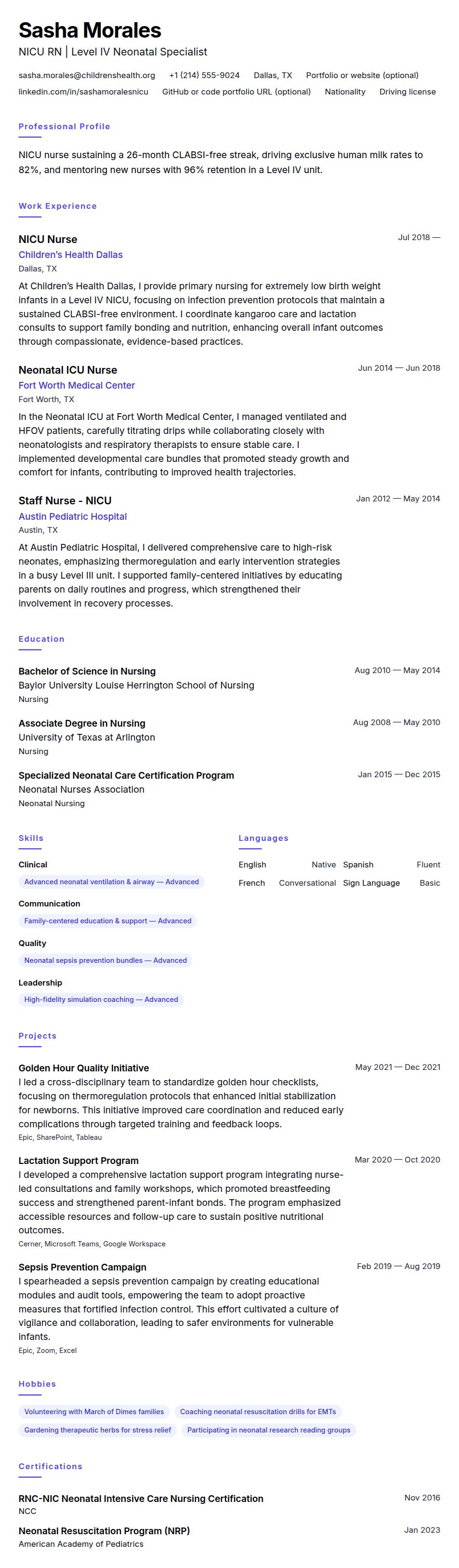 Resume preview for NICU Nurse Resume Example