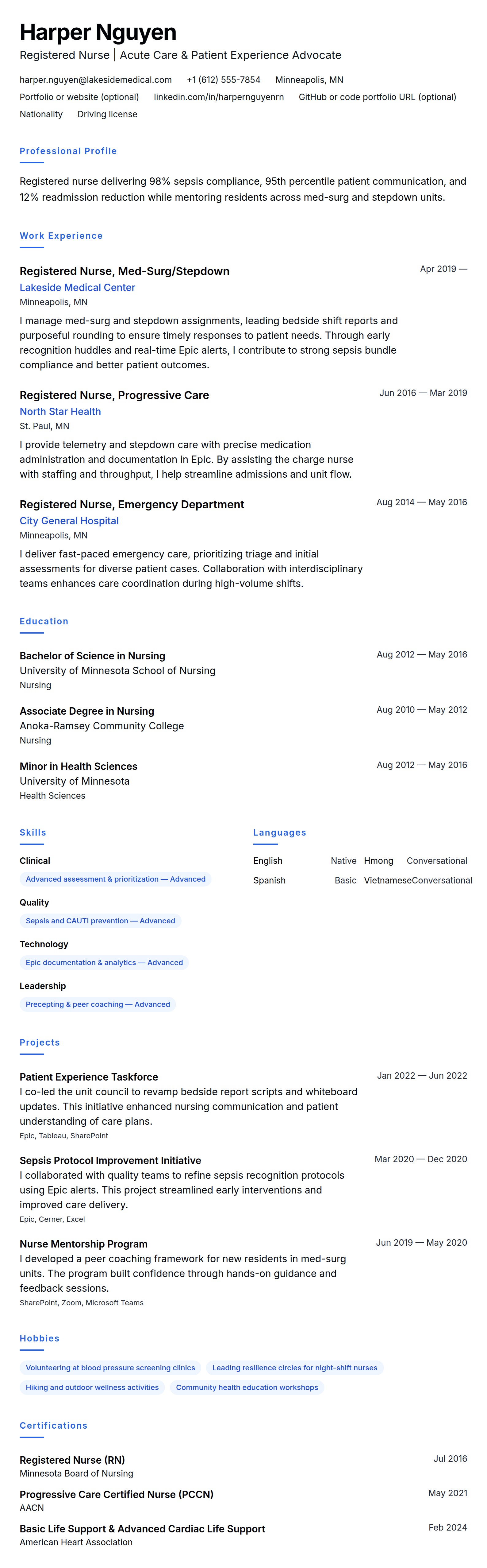 Resume preview for Nurse Resume Example