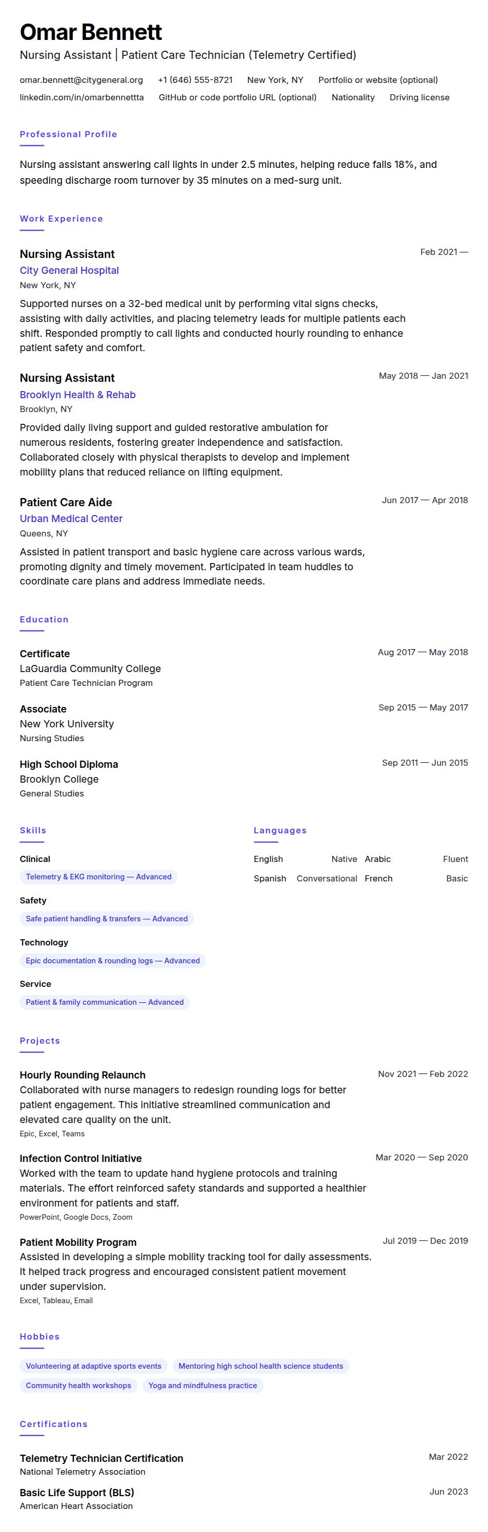 Resume preview for Nursing Assistant Resume Example