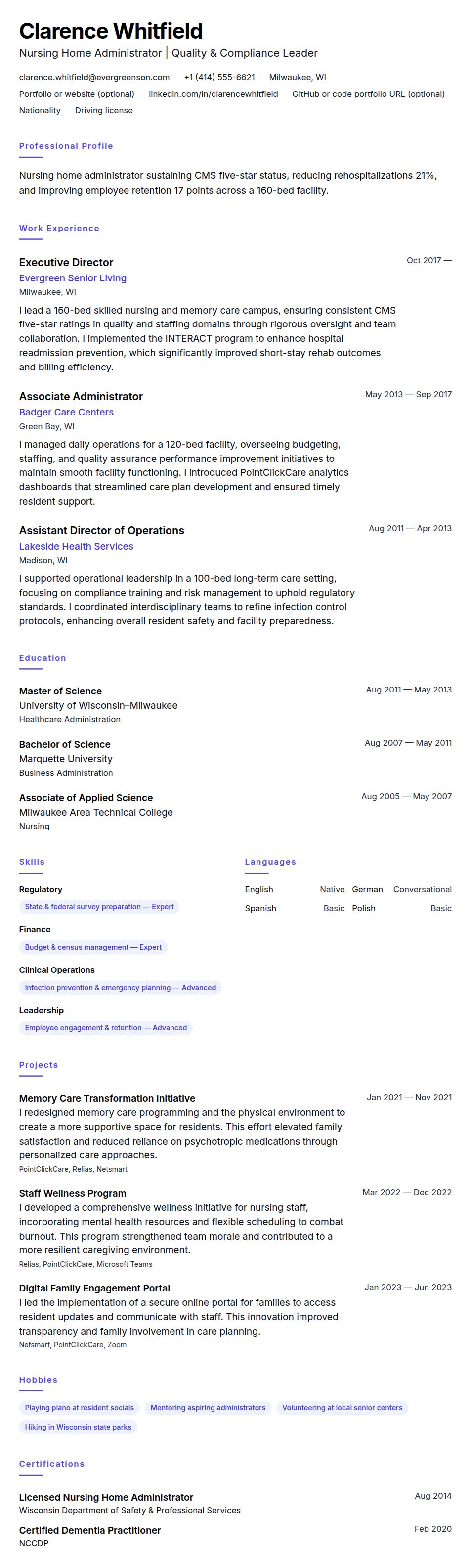 Resume preview for Nursing Home Administrator Resume Example