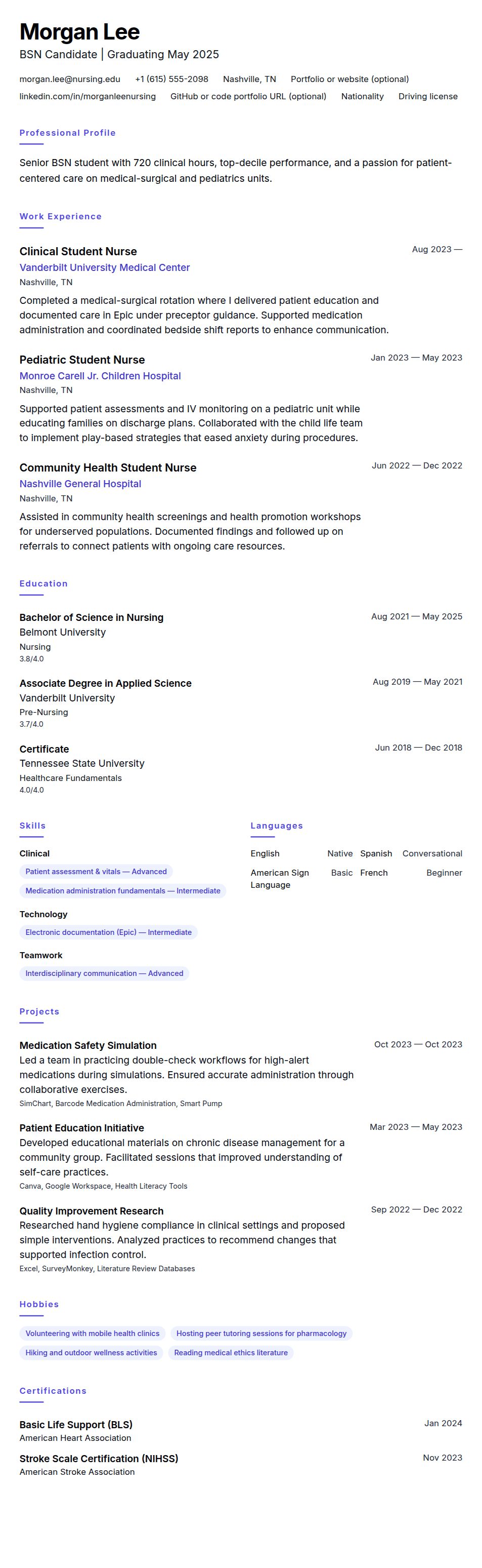 Resume preview for Nursing Student Resume Example