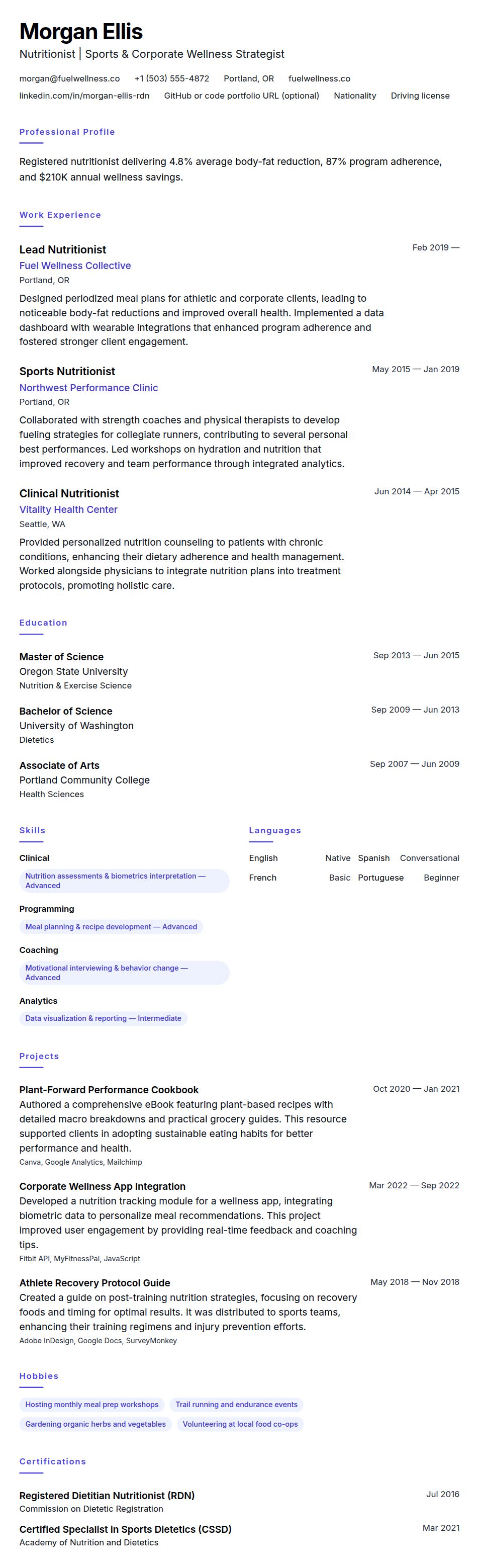 Resume preview for Nutritionist Resume Example
