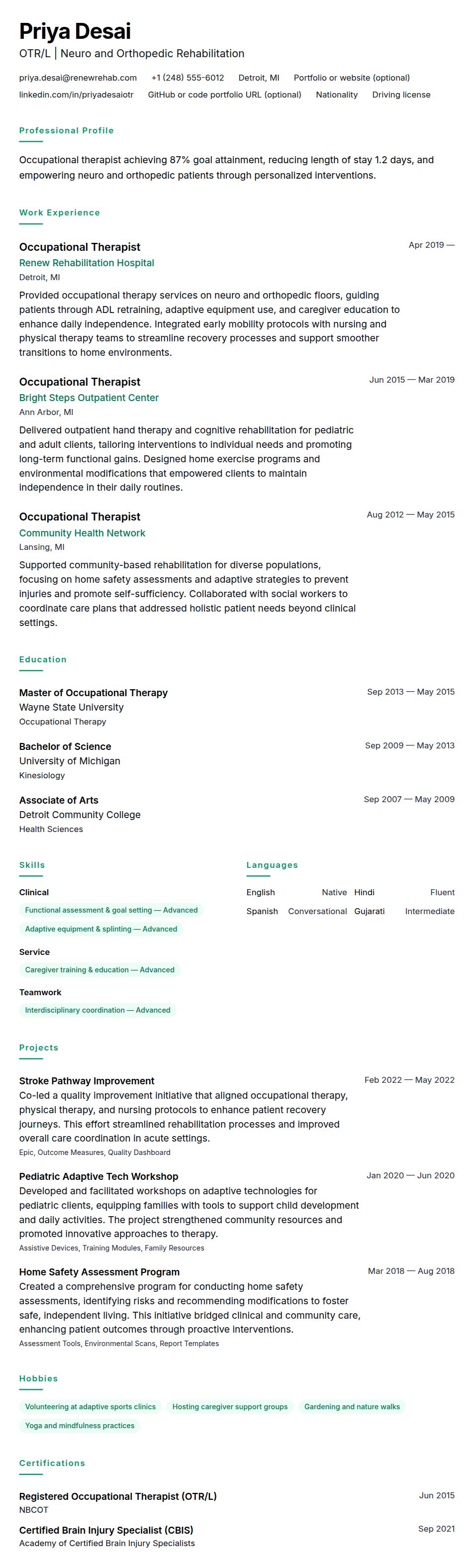 Resume preview for Occupational Therapist Resume Example