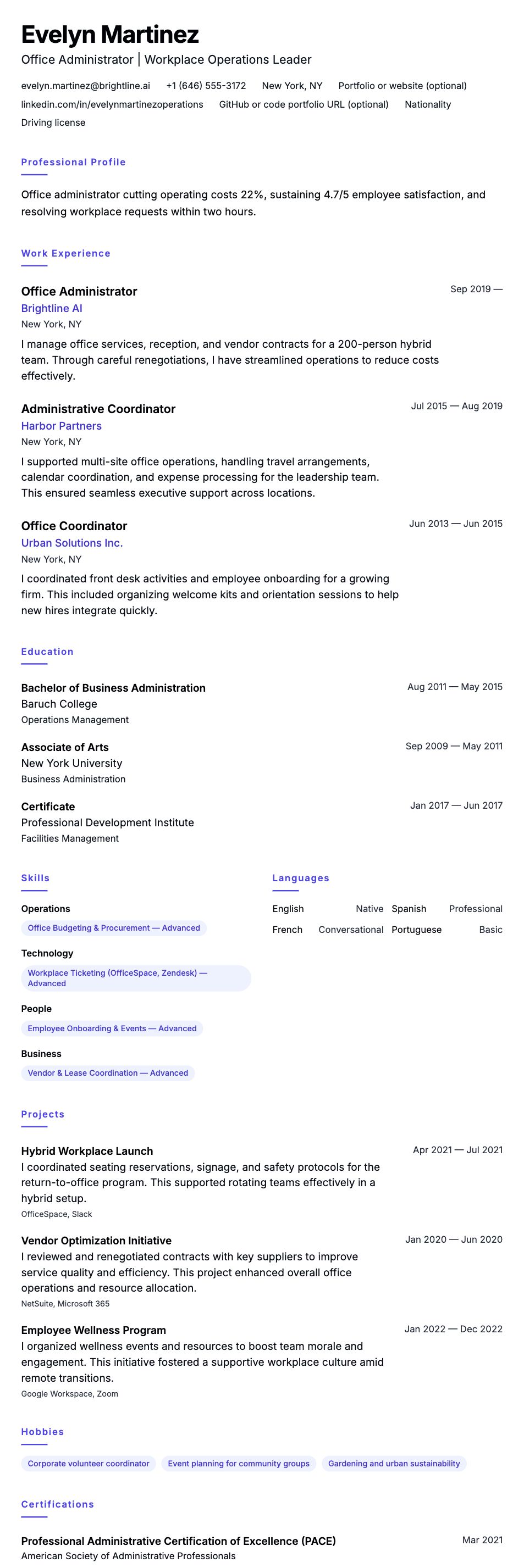 Resume preview for Office Administrator Resume Example