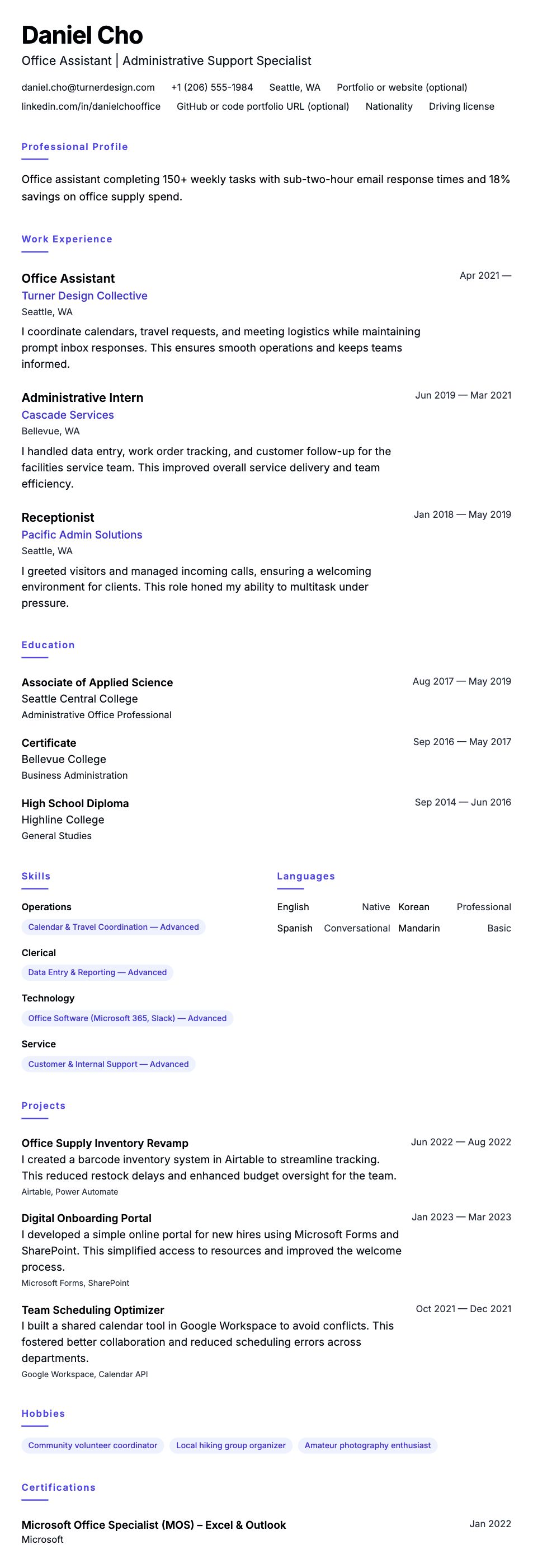 Resume preview for Office Assistant Resume Example