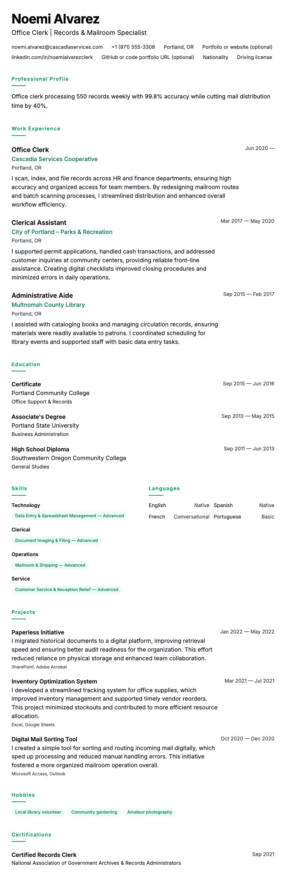 Resume preview for Office Clerk Resume Example