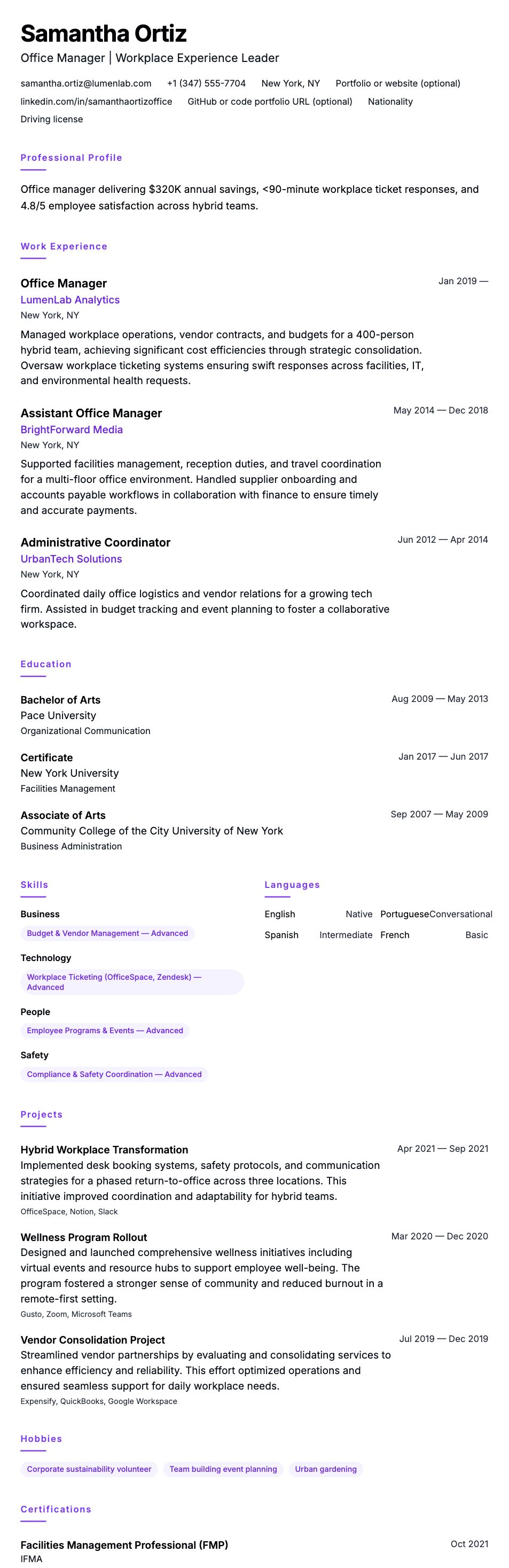 Resume preview for Office Manager Resume Example