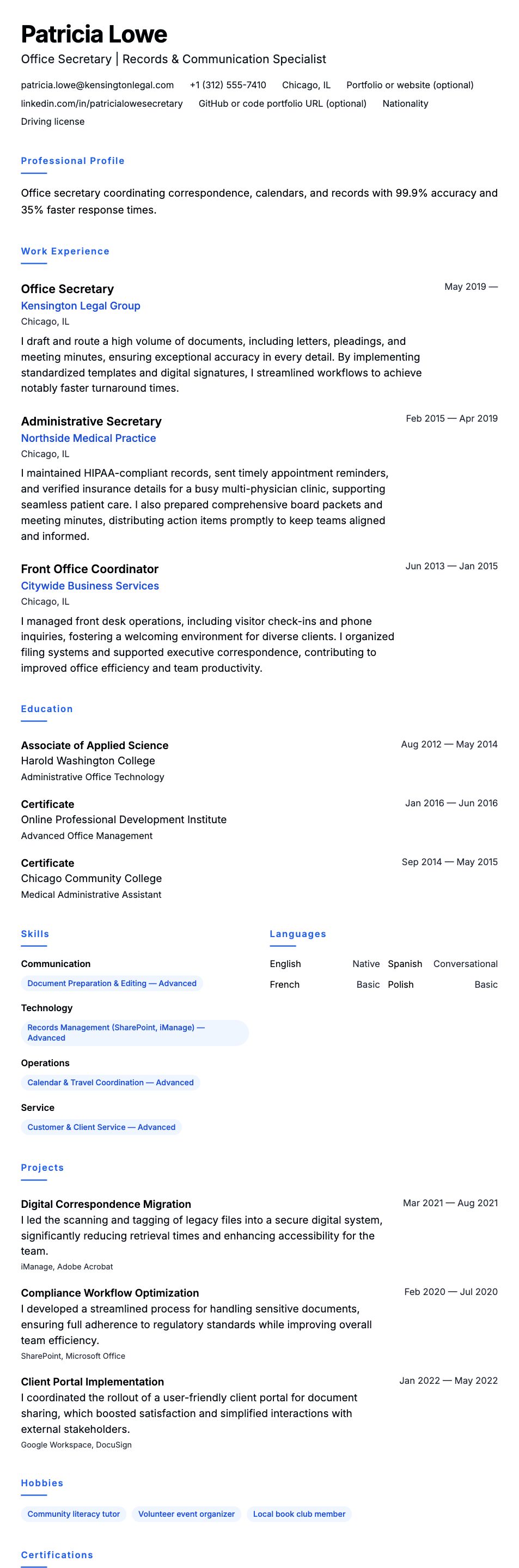 Resume preview for Office Secretary Resume Example