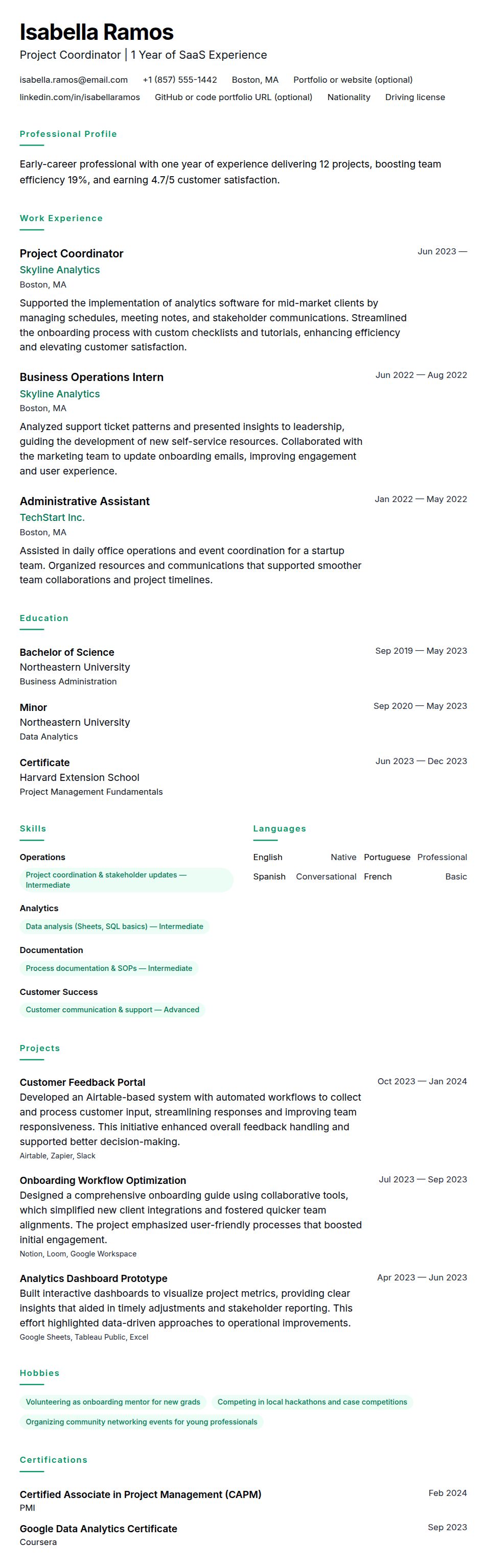 Resume preview for One-Year Experience Resume Example