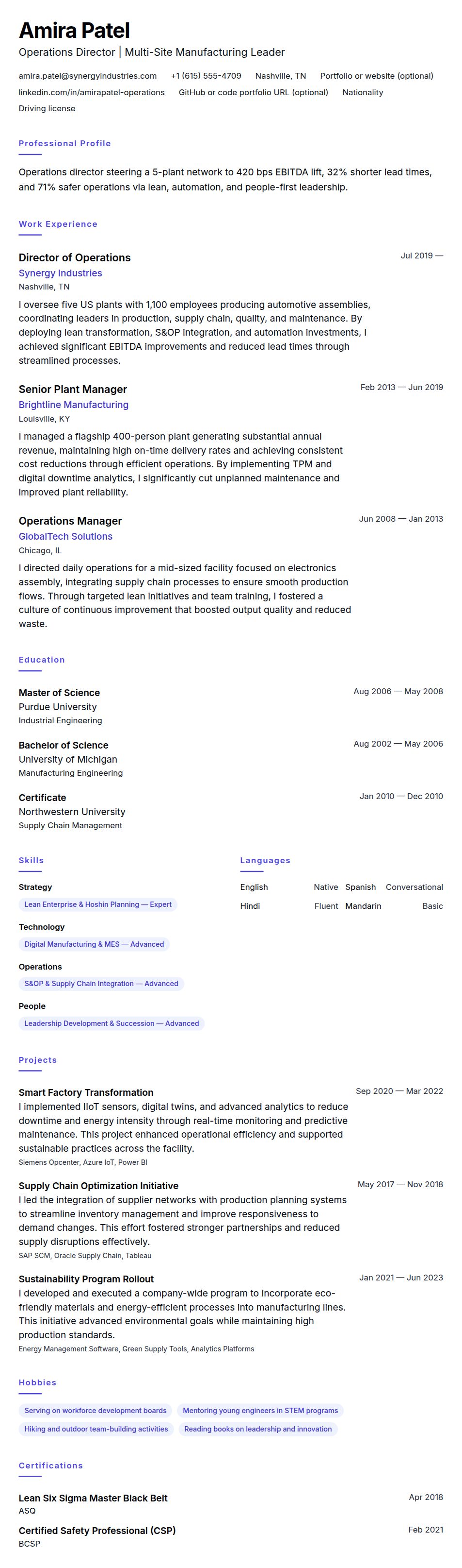 Resume preview for Operations Director Resume Example