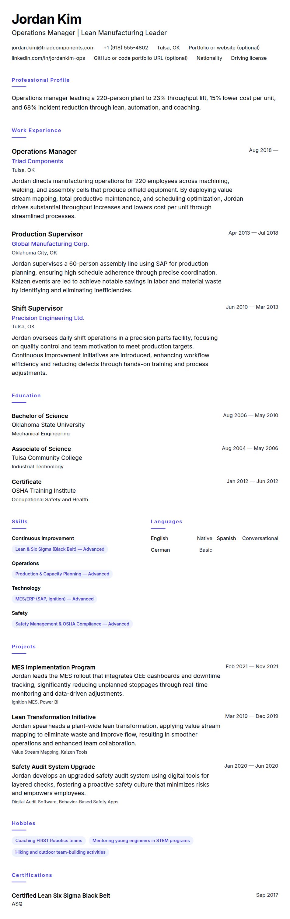Resume preview for Operations Manager Resume Example