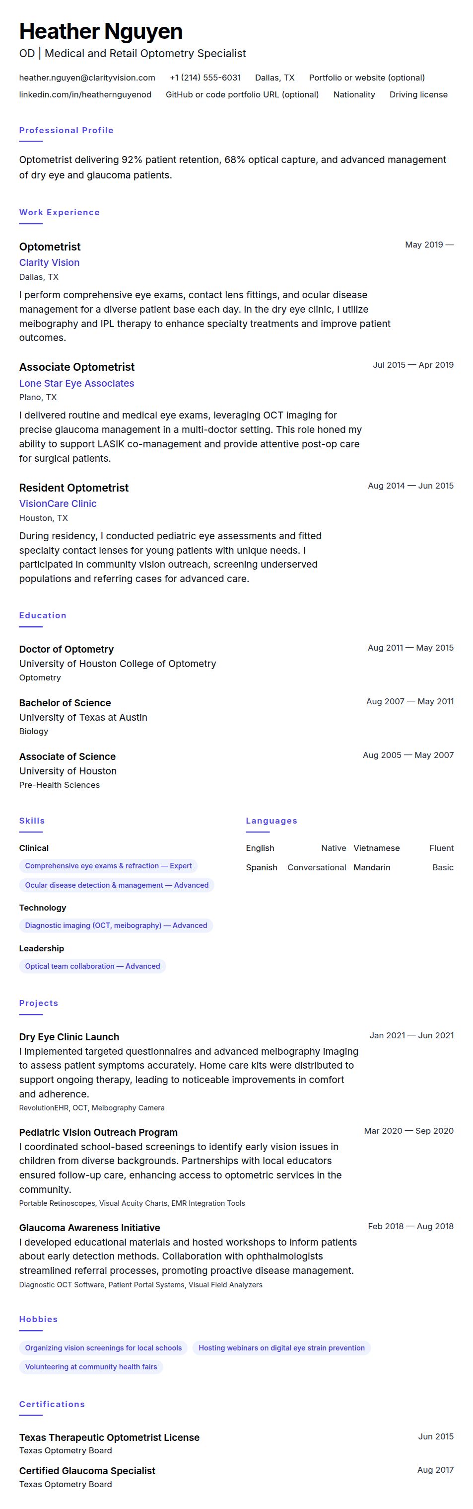 Resume preview for Optometrist Resume Example