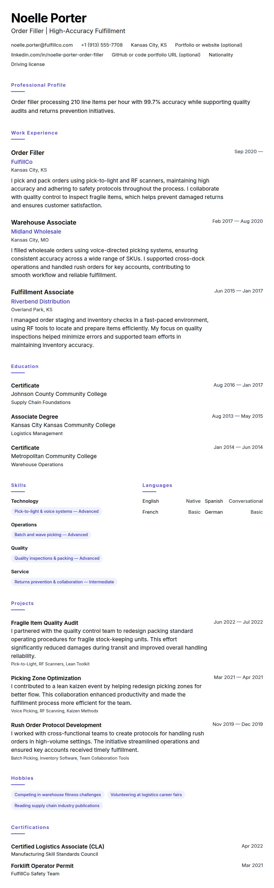 Resume preview for Order Filler Resume Example