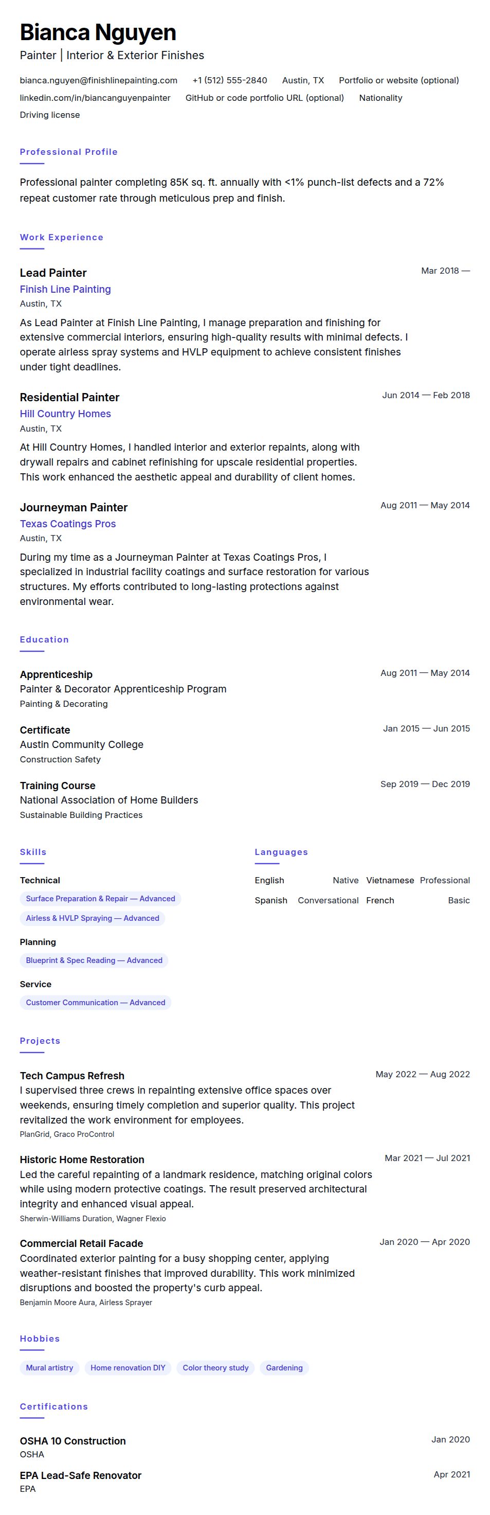 Resume preview for Painter Resume Example