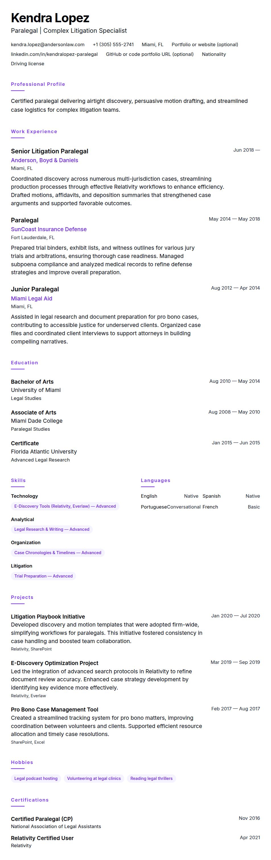 Resume preview for Paralegal Resume Example