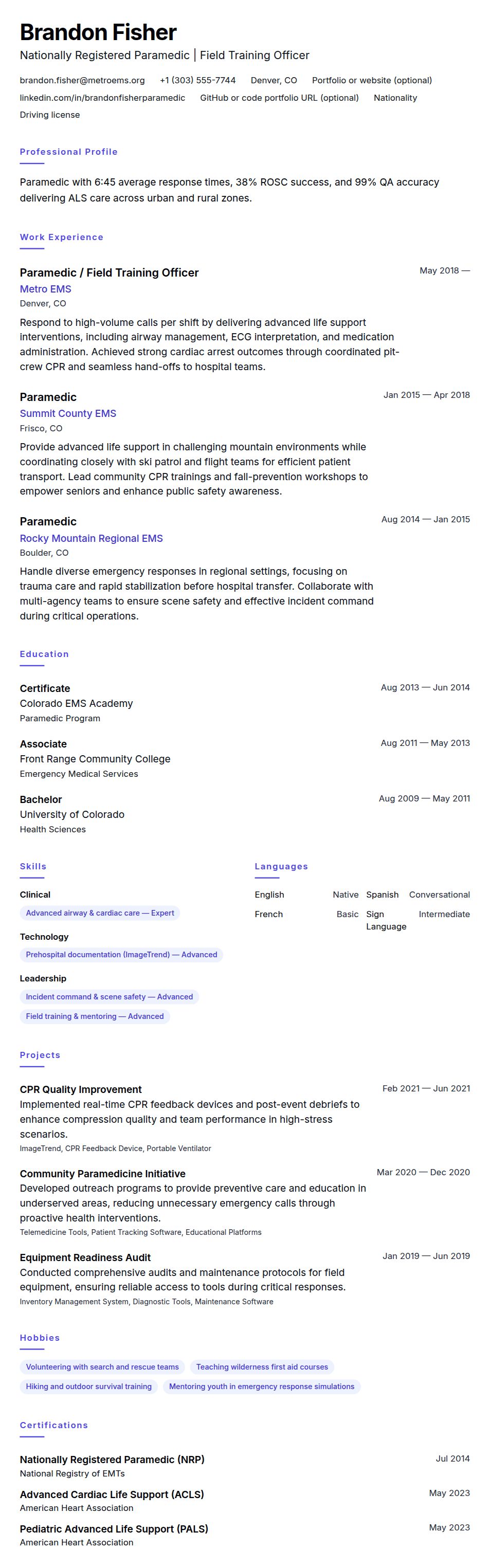 Resume preview for Paramedic Resume Example