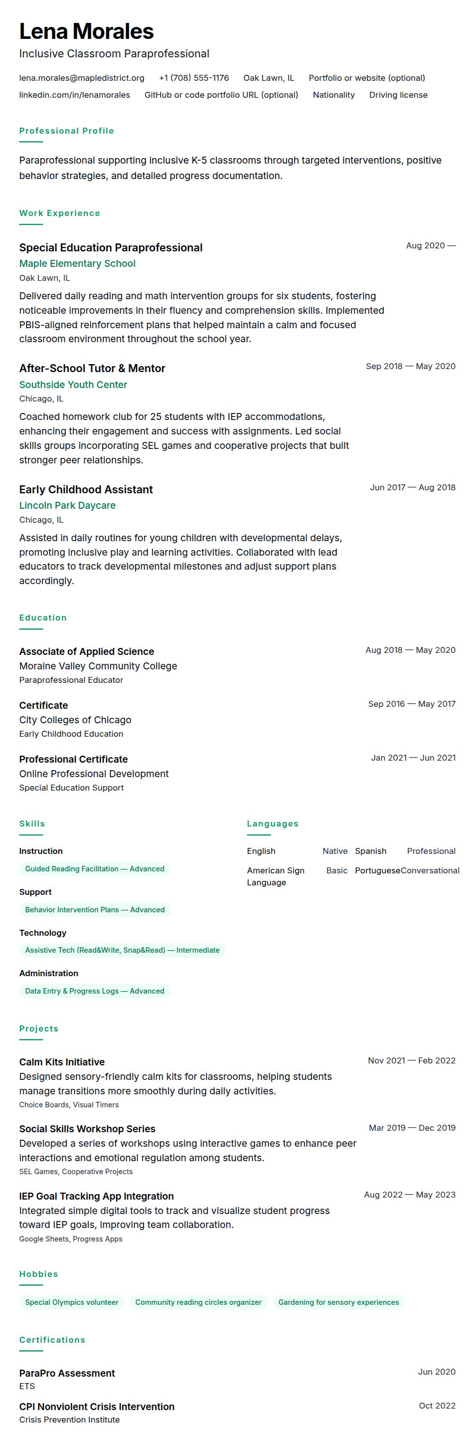 Resume preview for Paraprofessional Resume Example