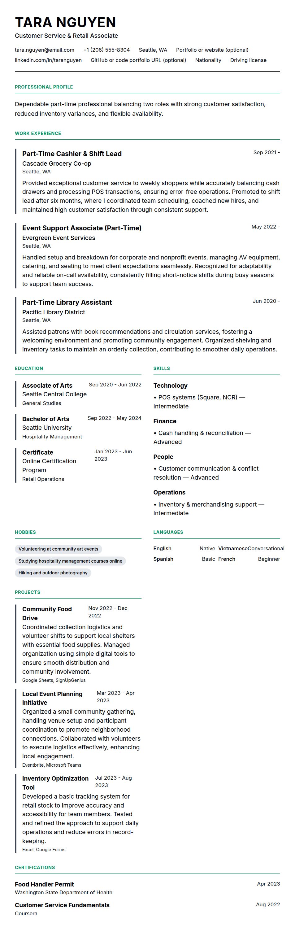 Resume preview for Part-Time Job Resume Example