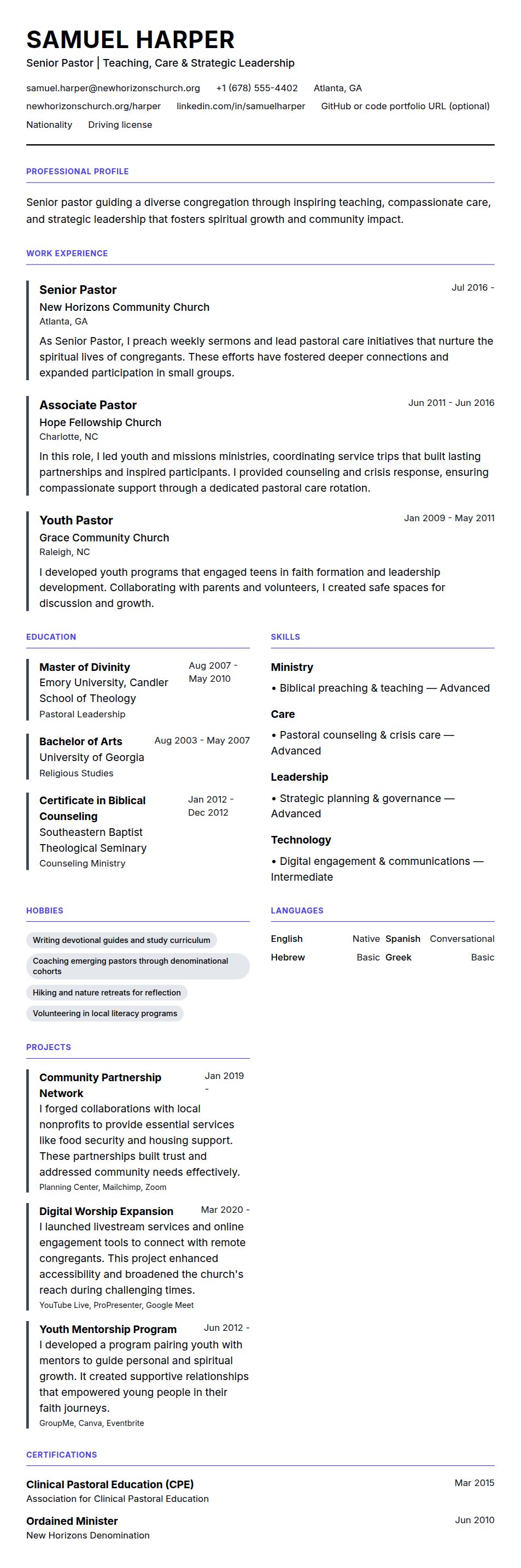 Resume preview for Pastor Resume Example
