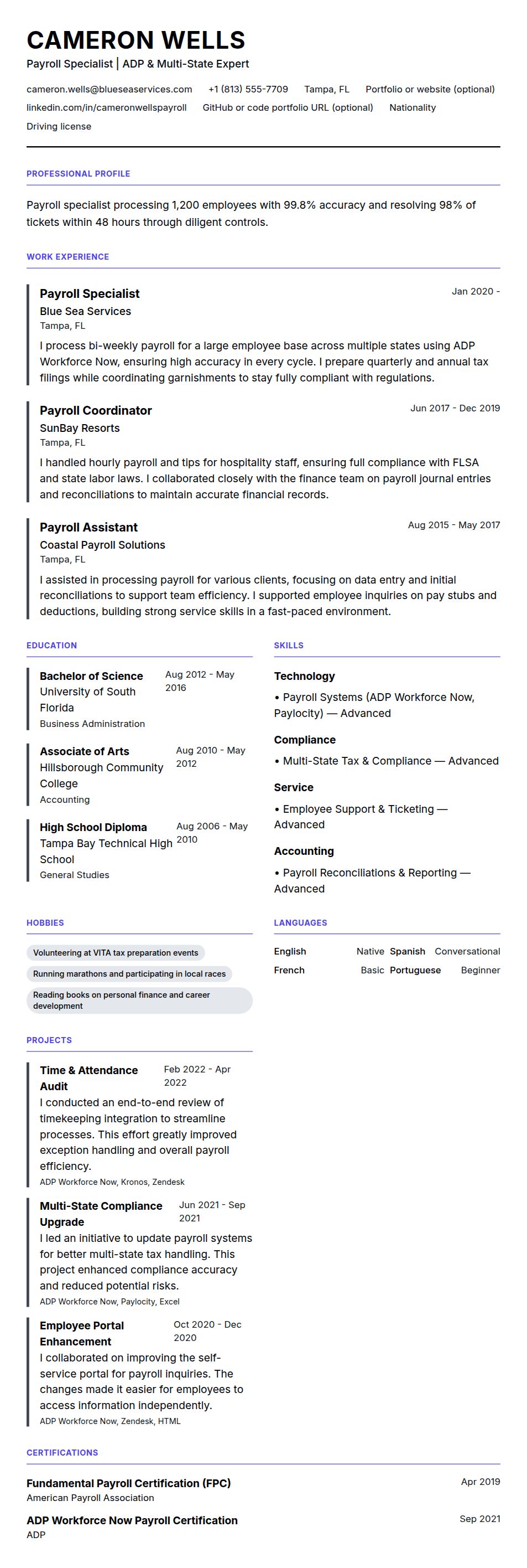Resume preview for Payroll Specialist Resume Example