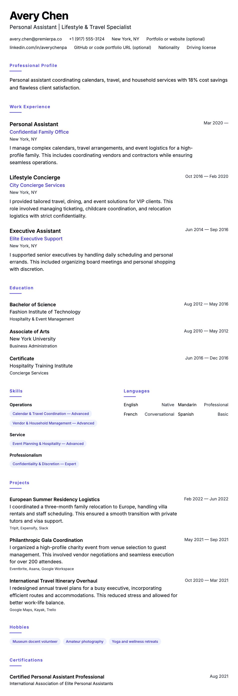 Resume preview for Personal Assistant Resume Example