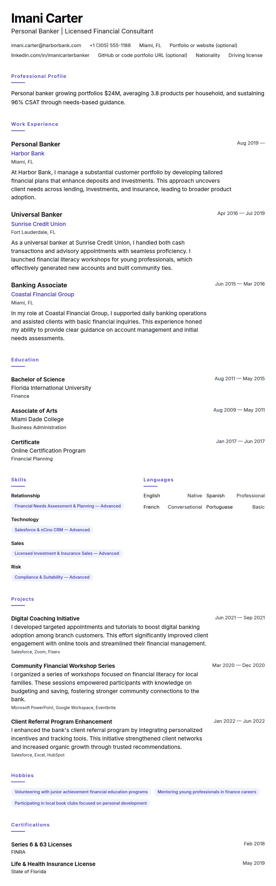 Resume preview for Personal Banker Resume Example