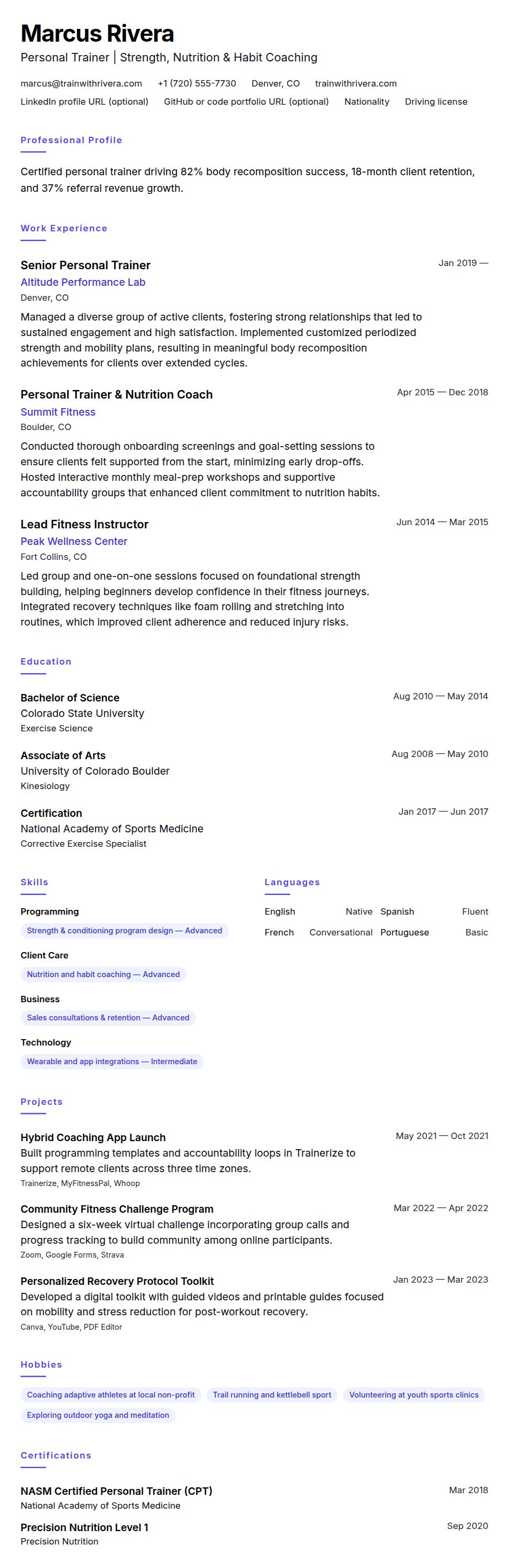 Resume preview for Personal Trainer Resume Example