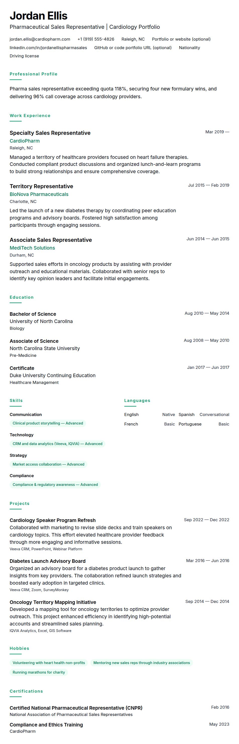 Resume preview for Pharmaceutical Sales Representative Resume Example