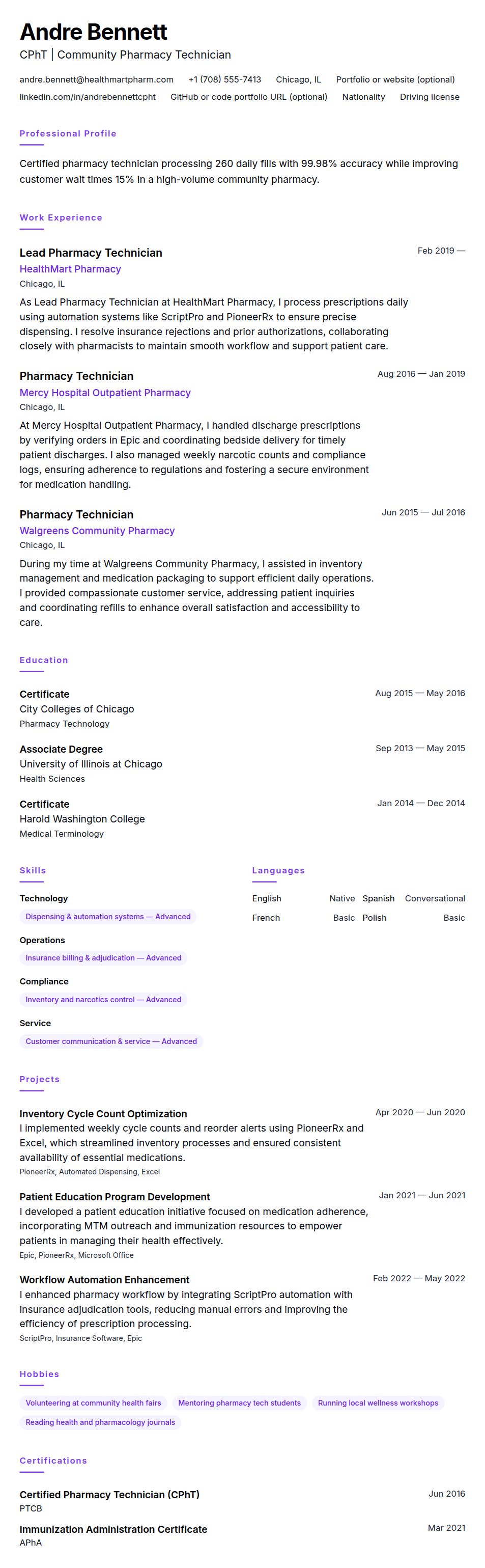 Resume preview for Pharmacy Technician Resume Example