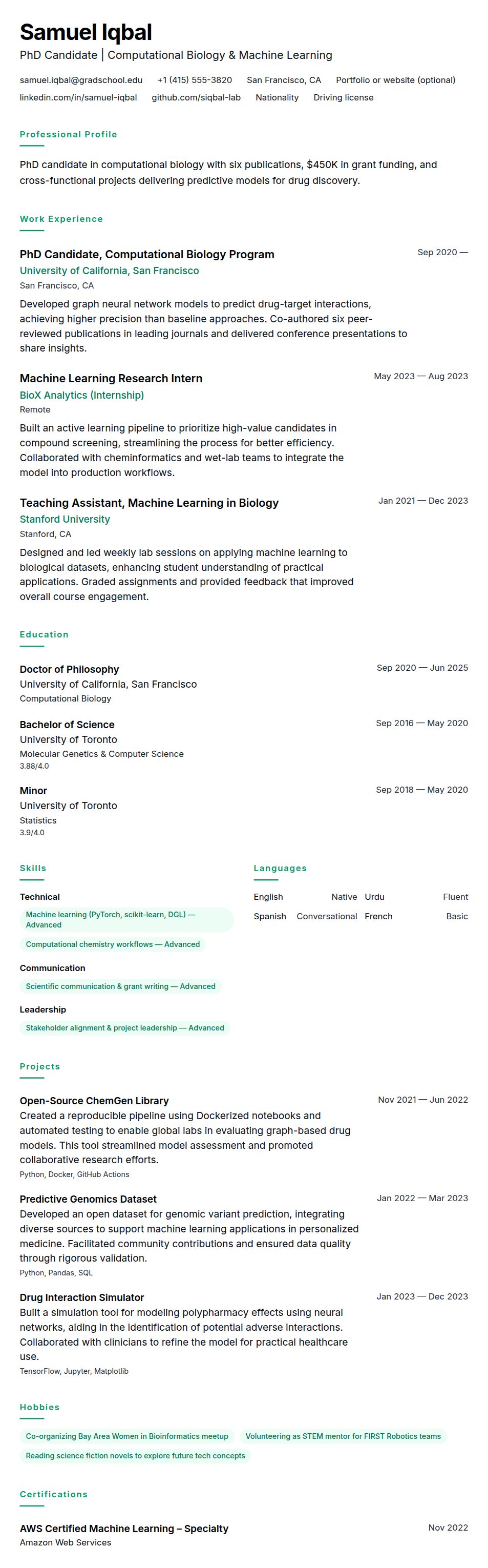Resume preview for PhD Resume Resume Example