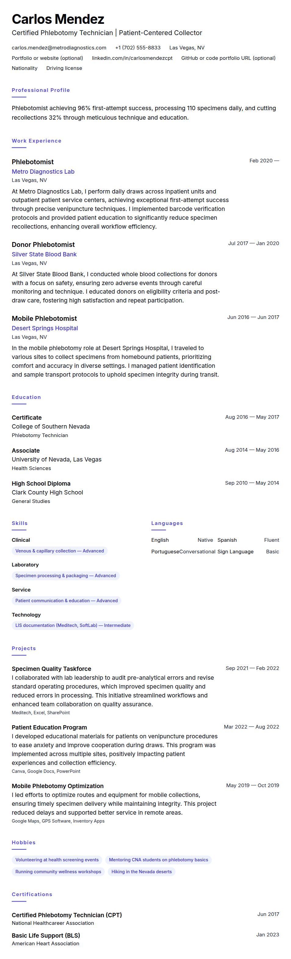 Resume preview for Phlebotomist Resume Example