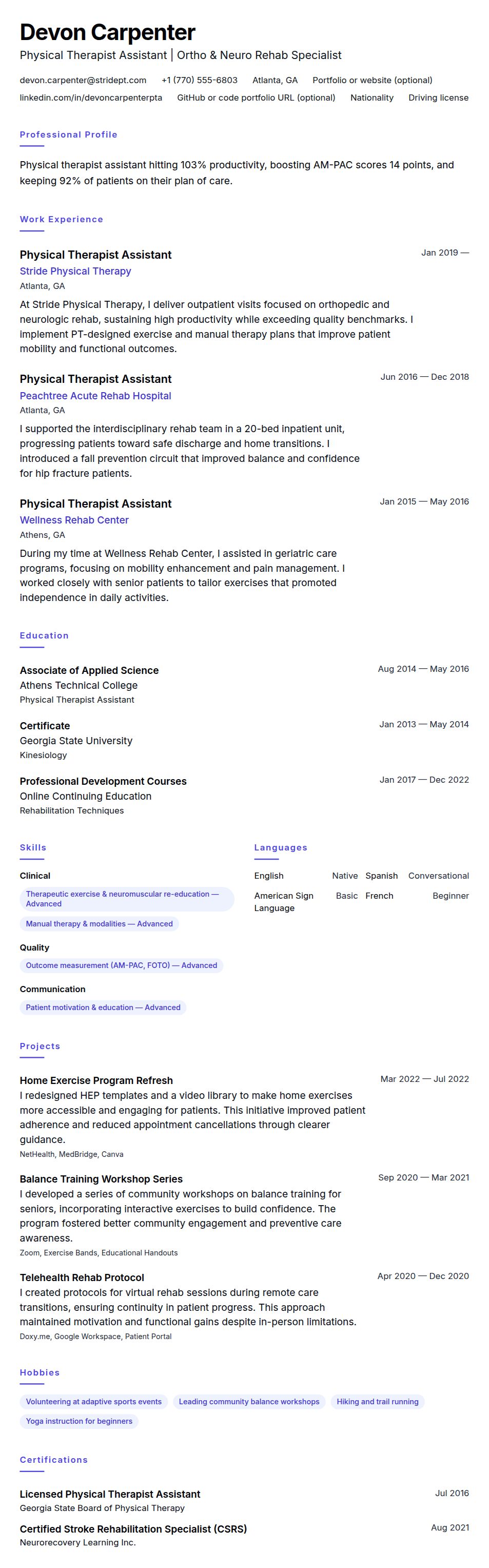 Resume preview for Physical Therapist Assistant (PTA) Resume Example