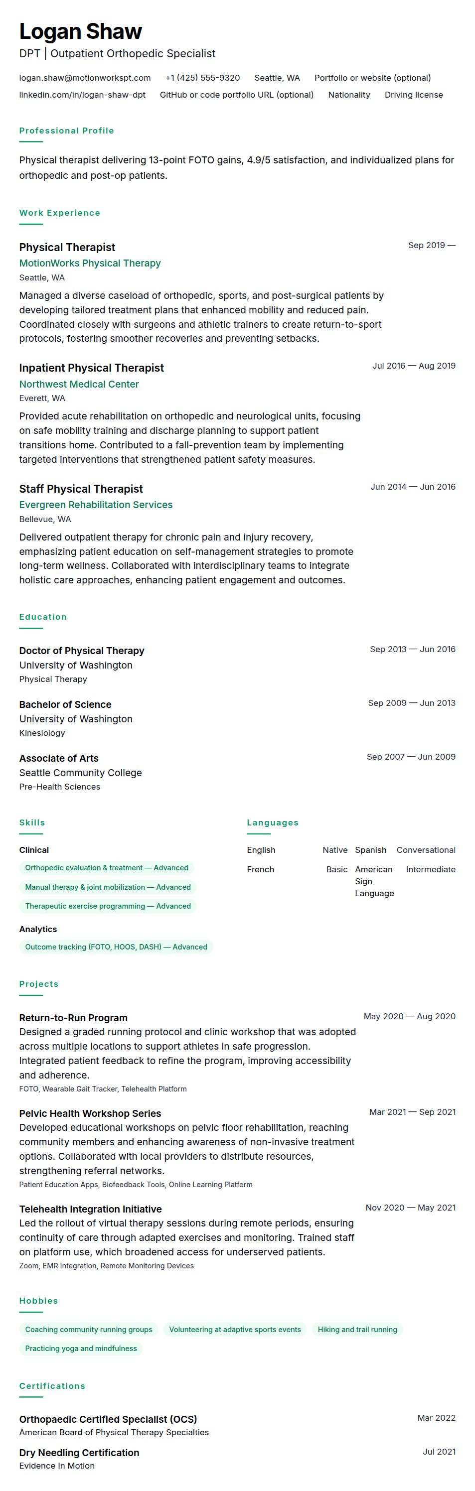 Resume preview for Physical Therapist Resume Example