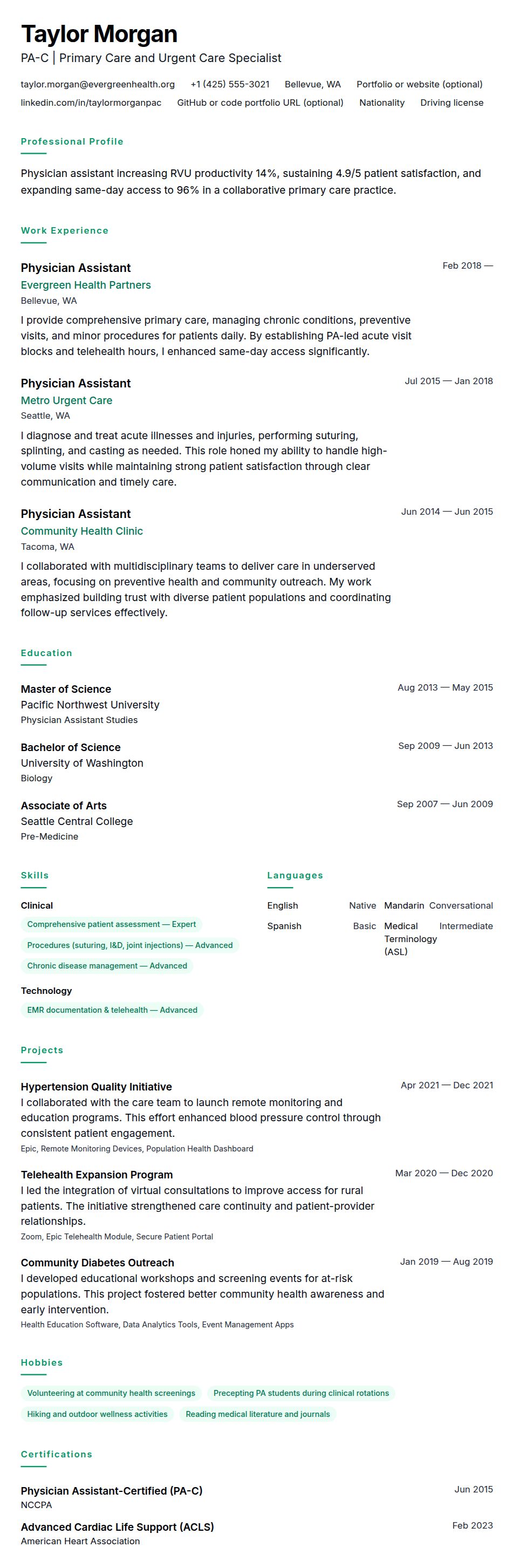 Resume preview for Physician Assistant Resume Example