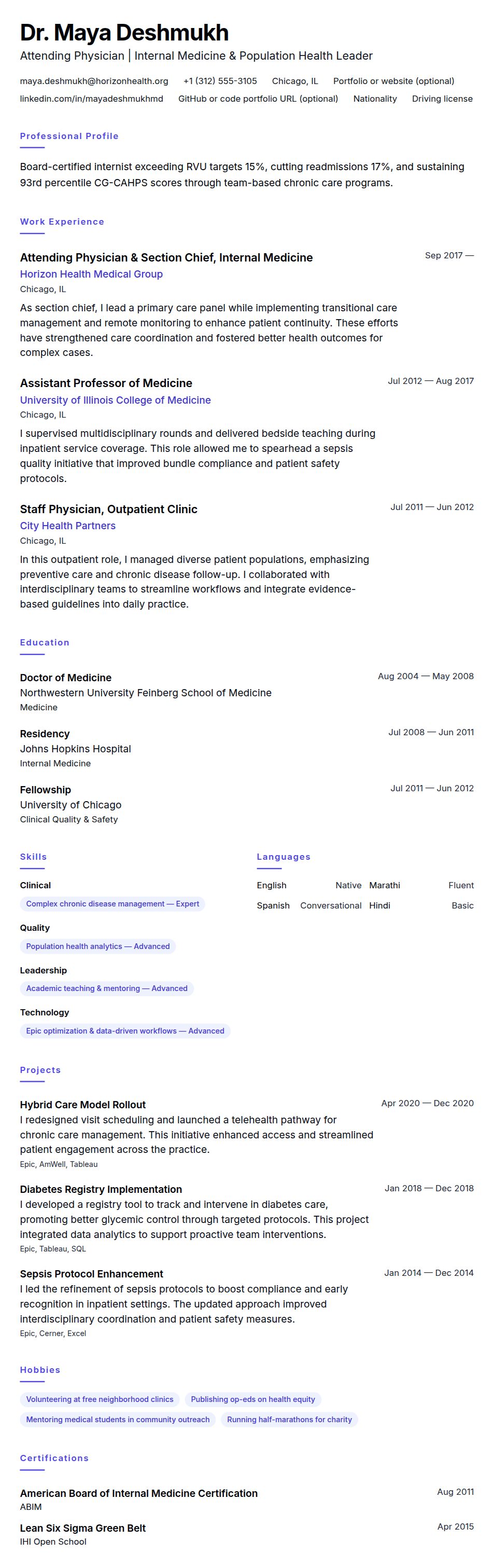 Resume preview for Physician Resume Example