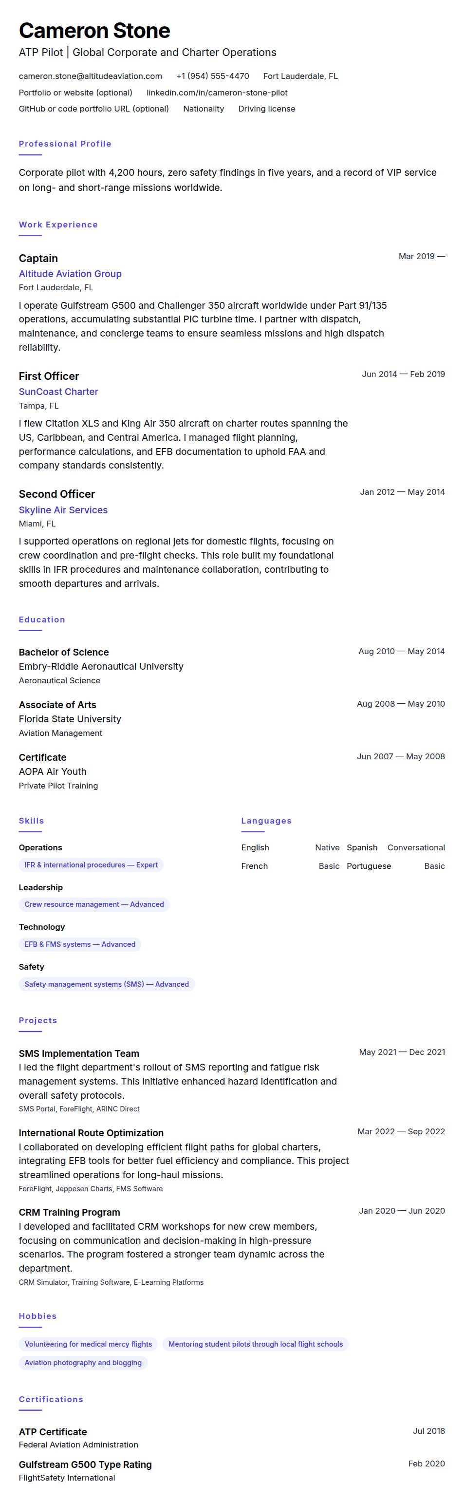 Resume preview for Pilot Resume Example