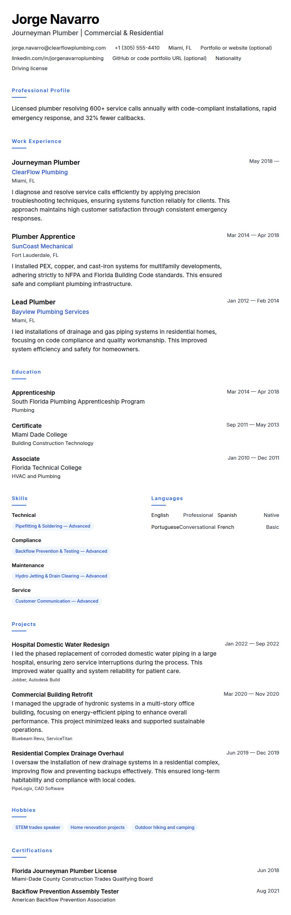 Resume preview for Plumber Resume Example