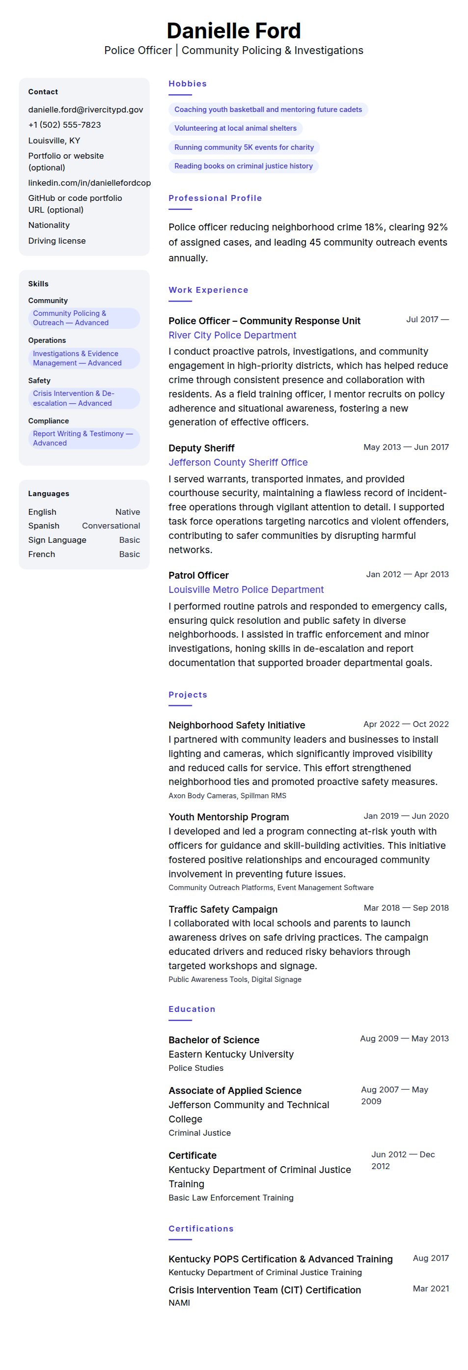 Resume preview for Police Officer Resume Example