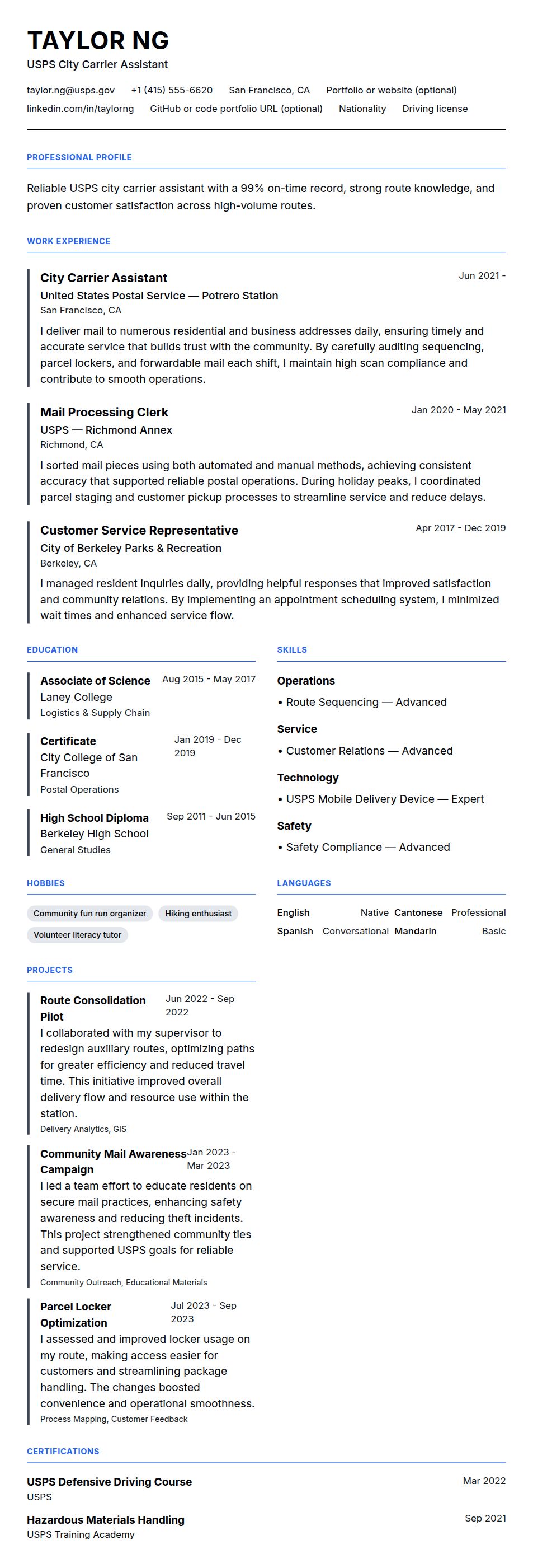 Resume preview for Postal Service Worker Resume Example