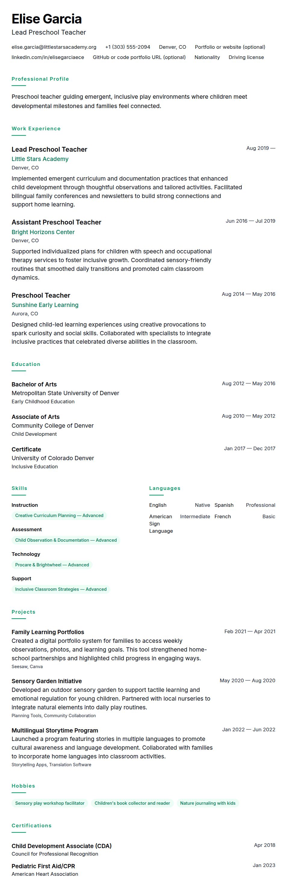 Resume preview for Preschool Teacher Resume Example