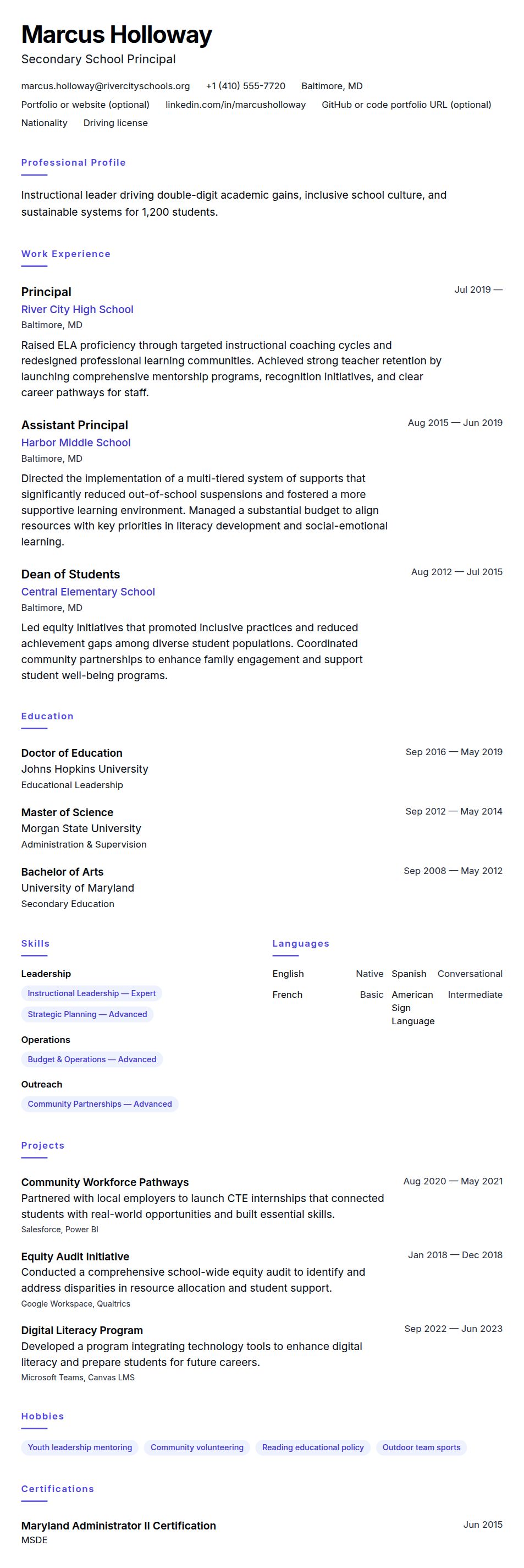 Resume preview for Principal Resume Example