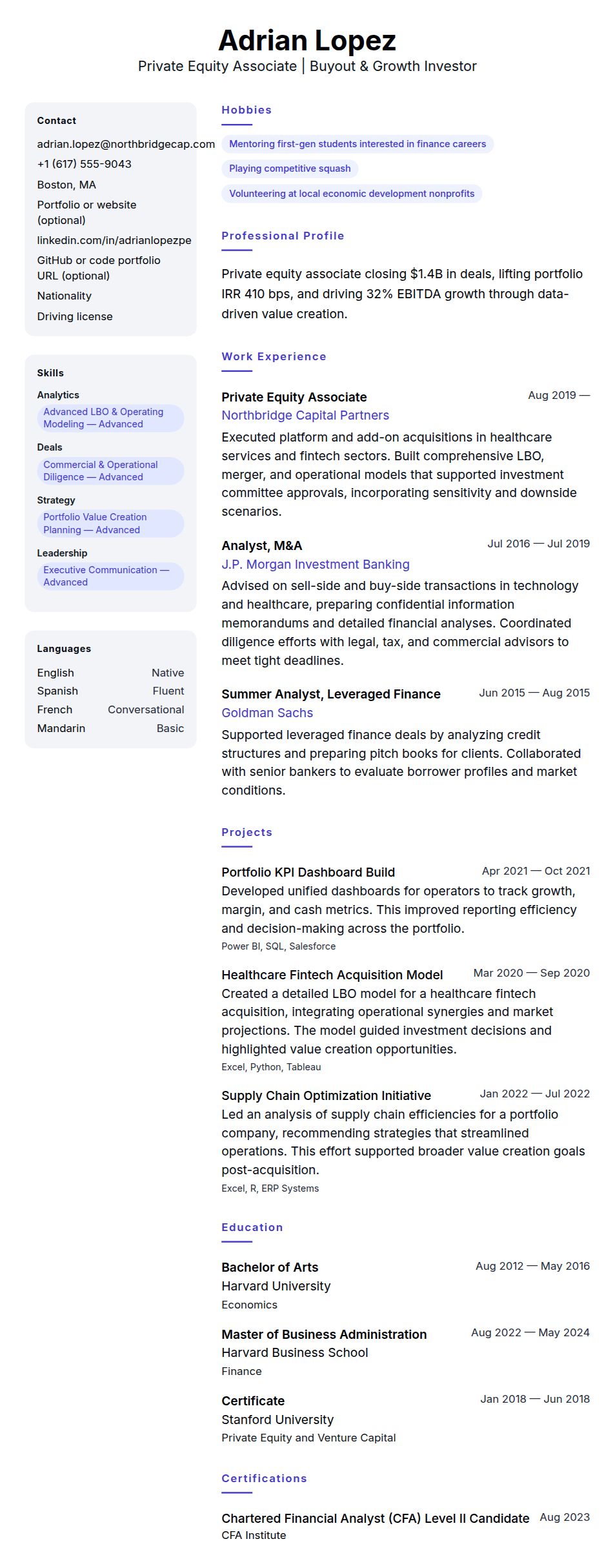 Resume preview for Private Equity Associate Resume Example
